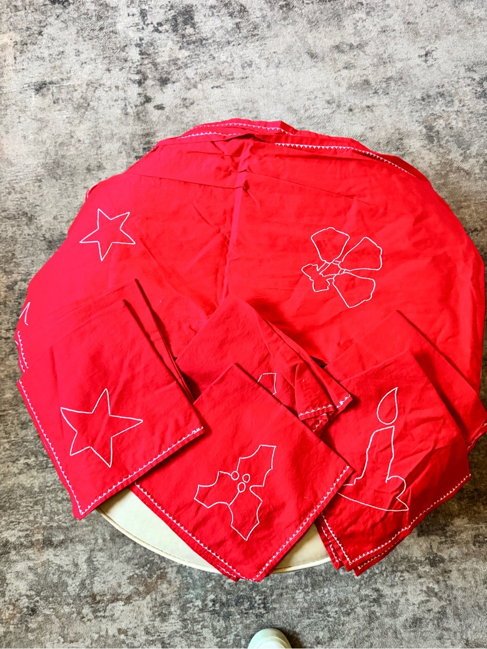 Red Holiday Table runner and 6 Napkin Set with White Stitching -